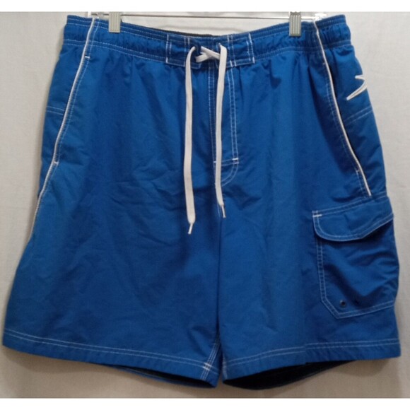 Speedo Men's Sz Large Blue Cargo Pocket Mesh Lined Swim Trunks Drawstring EUC - Picture 2 of 4